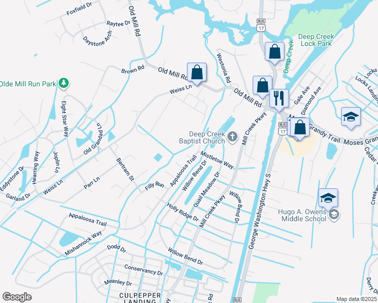 map of restaurants, bars, coffee shops, grocery stores, and more near 3402 Strawman Court in Chesapeake