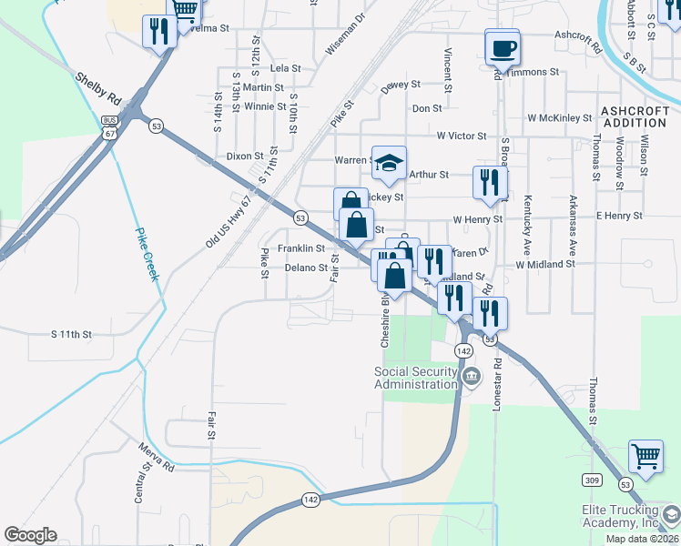 map of restaurants, bars, coffee shops, grocery stores, and more near 2301 Fair Street in Poplar Bluff