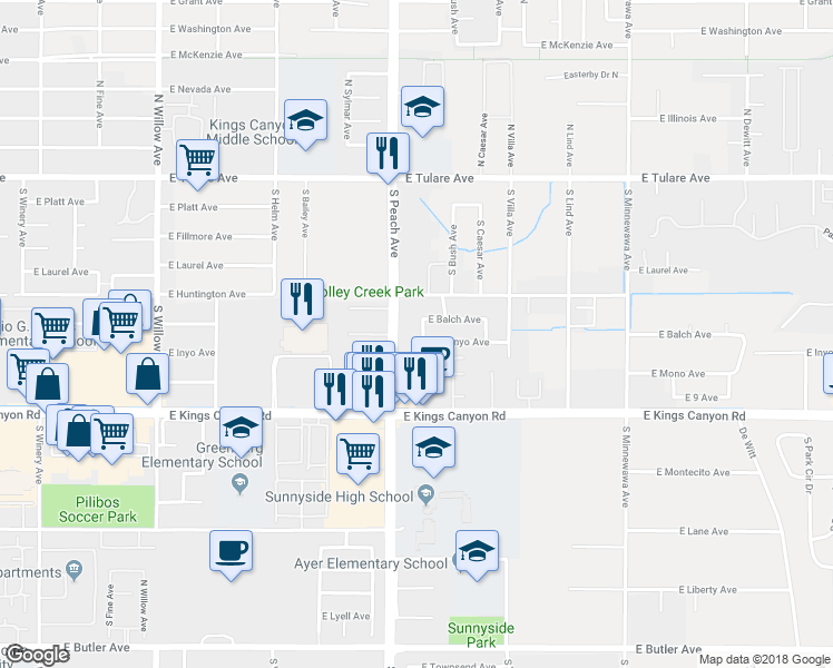map of restaurants, bars, coffee shops, grocery stores, and more near 468 South Bush Avenue in Fresno