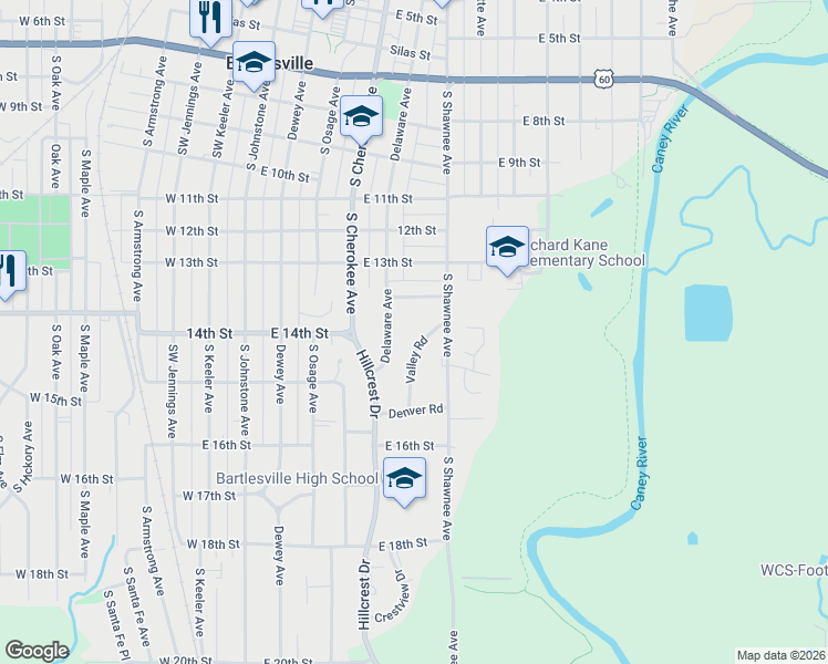 map of restaurants, bars, coffee shops, grocery stores, and more near 1431 Valley Road in Bartlesville