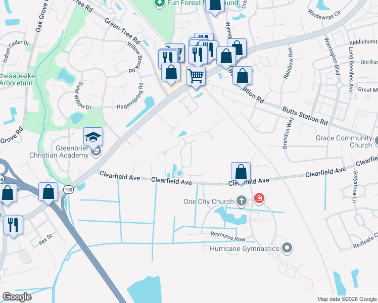 map of restaurants, bars, coffee shops, grocery stores, and more near 532 Hadleybrook Drive in Chesapeake
