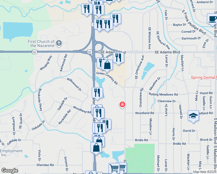 map of restaurants, bars, coffee shops, grocery stores, and more near 1025 Swan Drive in Bartlesville