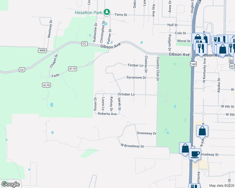 map of restaurants, bars, coffee shops, grocery stores, and more near Sarah Street in West Plains
