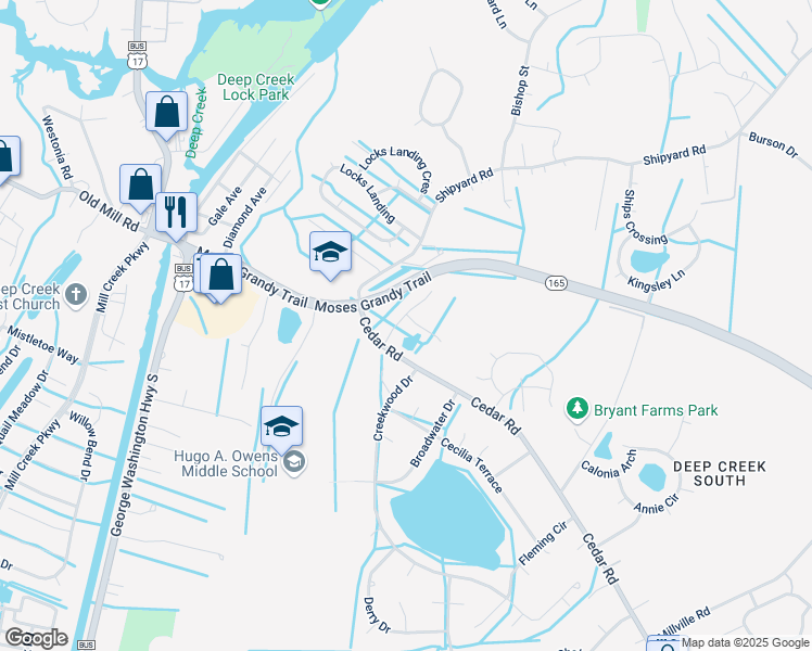 map of restaurants, bars, coffee shops, grocery stores, and more near 2813 Golden Court in Chesapeake