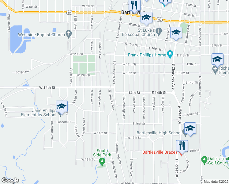 map of restaurants, bars, coffee shops, grocery stores, and more near South Armstrong Avenue in Bartlesville