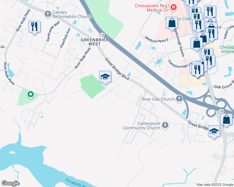map of restaurants, bars, coffee shops, grocery stores, and more near 413 Susan Drive in Chesapeake