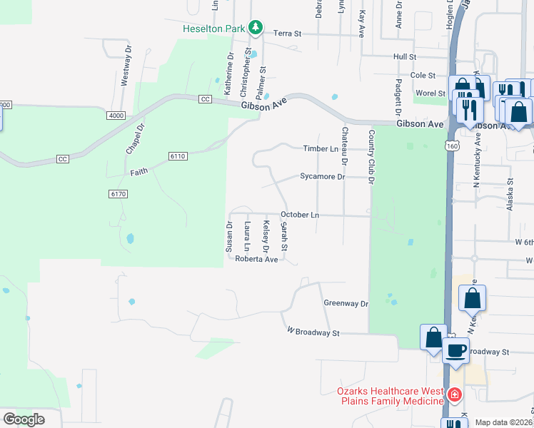 map of restaurants, bars, coffee shops, grocery stores, and more near Kelsey Drive in West Plains