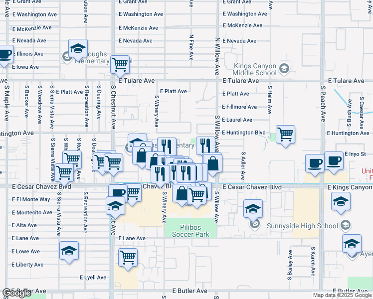 map of restaurants, bars, coffee shops, grocery stores, and more near 4974 East Balch Avenue in Fresno
