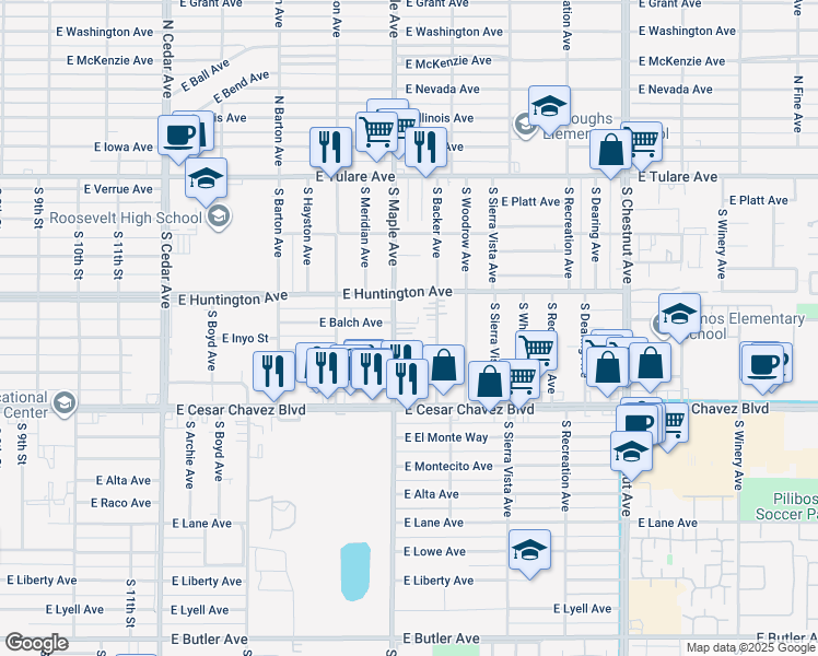 map of restaurants, bars, coffee shops, grocery stores, and more near 4609 East Inyo Street in Fresno