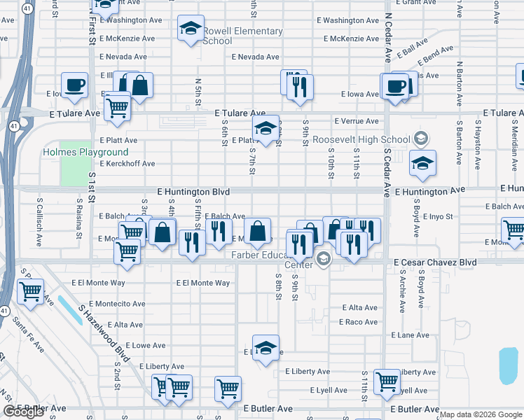 map of restaurants, bars, coffee shops, grocery stores, and more near 3748 East Balch Avenue in Fresno