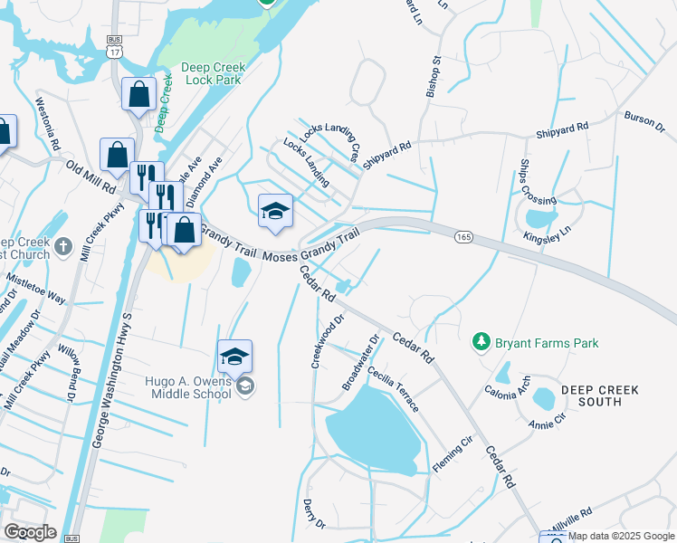 map of restaurants, bars, coffee shops, grocery stores, and more near 2813 Golden Court in Chesapeake