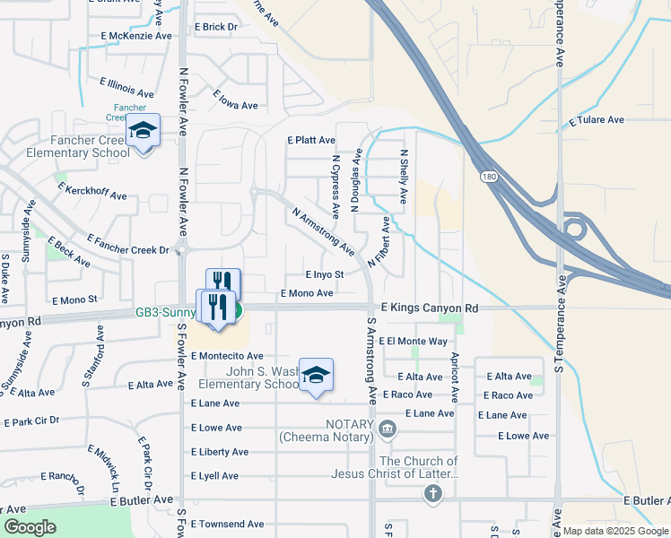 map of restaurants, bars, coffee shops, grocery stores, and more near 6412 East Inyo Street in Fresno