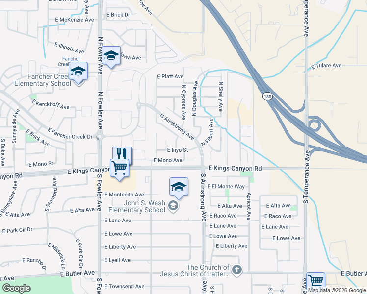 map of restaurants, bars, coffee shops, grocery stores, and more near 6412 East Inyo Street in Fresno