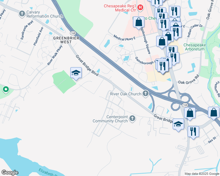 map of restaurants, bars, coffee shops, grocery stores, and more near 404 Preservation Loop in Chesapeake