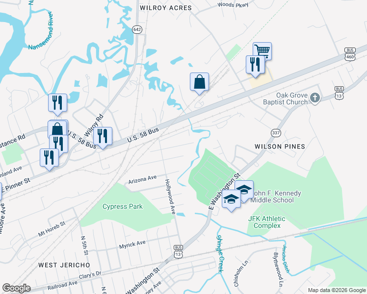 map of restaurants, bars, coffee shops, grocery stores, and more near 2219 Georgia Avenue in Suffolk