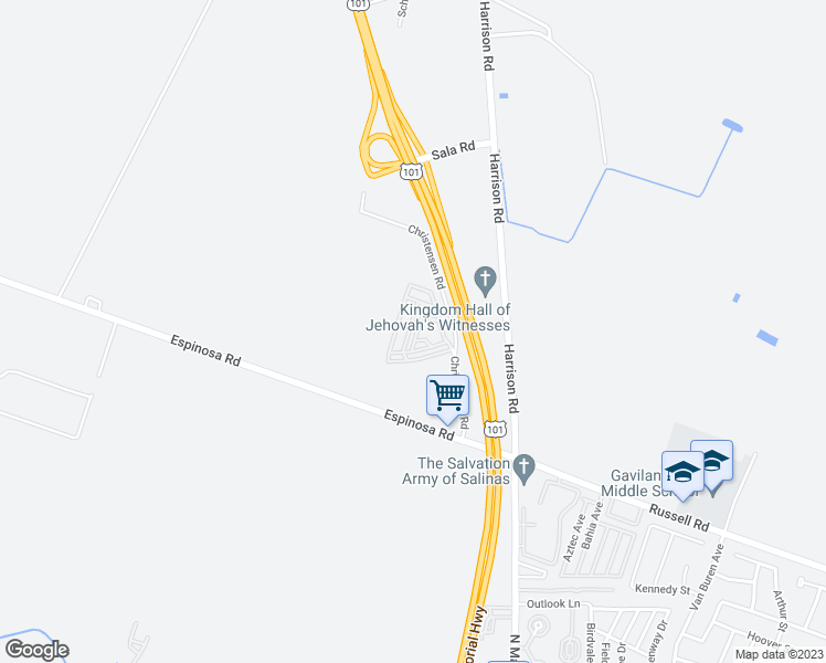 map of restaurants, bars, coffee shops, grocery stores, and more near 12350 Christensen Road in Salinas