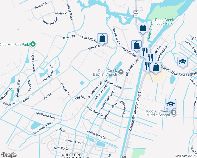 map of restaurants, bars, coffee shops, grocery stores, and more near 3402 Strawman Court in Chesapeake