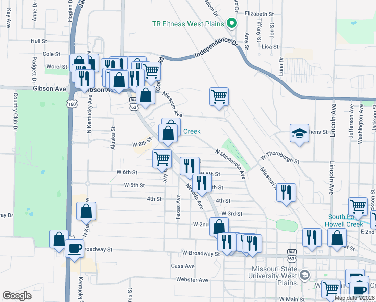 map of restaurants, bars, coffee shops, grocery stores, and more near 1061 7th Street in West Plains