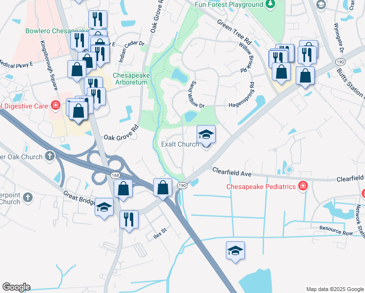 map of restaurants, bars, coffee shops, grocery stores, and more near 524 Shadow Brooke Drive in Chesapeake