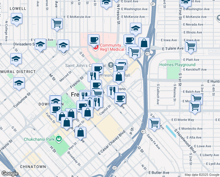 map of restaurants, bars, coffee shops, grocery stores, and more near 2650 Tulare Street in Fresno