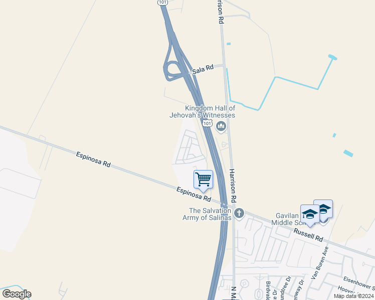map of restaurants, bars, coffee shops, grocery stores, and more near 12350 Christensen Road in Salinas