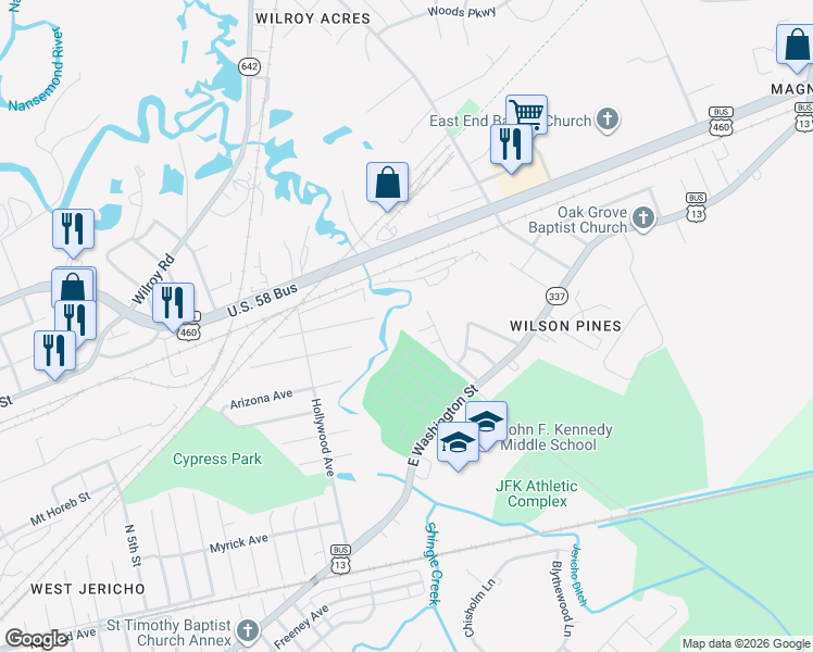 map of restaurants, bars, coffee shops, grocery stores, and more near 2404 Pamlico Circle in Suffolk