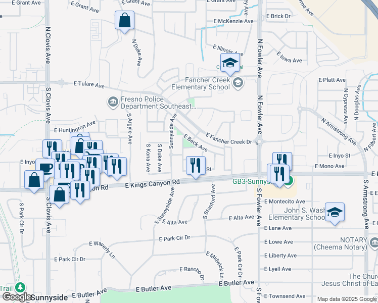 map of restaurants, bars, coffee shops, grocery stores, and more near 5867 East Inyo Street in Fresno