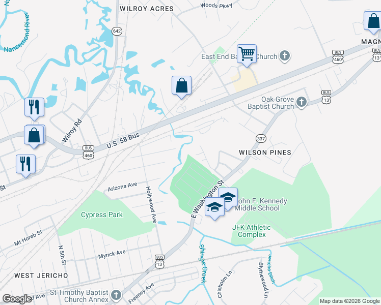 map of restaurants, bars, coffee shops, grocery stores, and more near 2404 Pamlico Circle in Suffolk