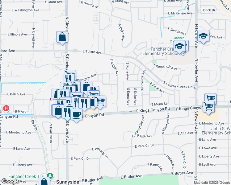 map of restaurants, bars, coffee shops, grocery stores, and more near 598 South Argyle Avenue in Fresno