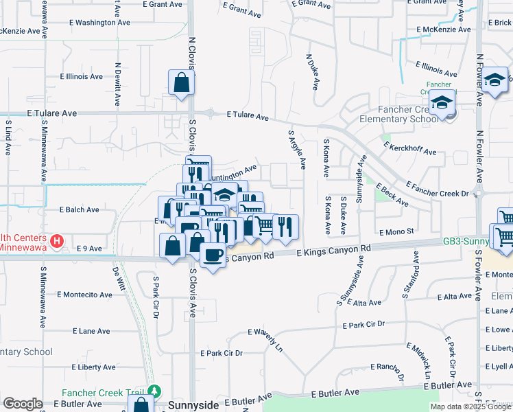 map of restaurants, bars, coffee shops, grocery stores, and more near 539 South Phillip Avenue in Fresno