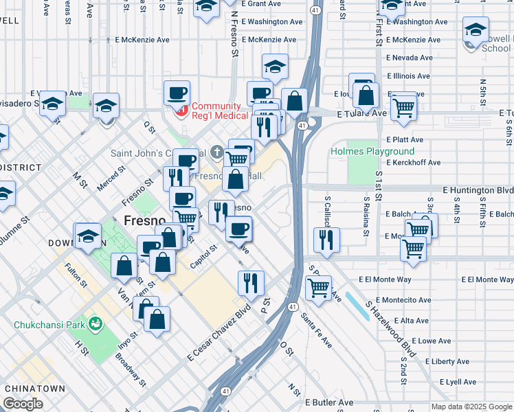 map of restaurants, bars, coffee shops, grocery stores, and more near 178 R Street in Fresno