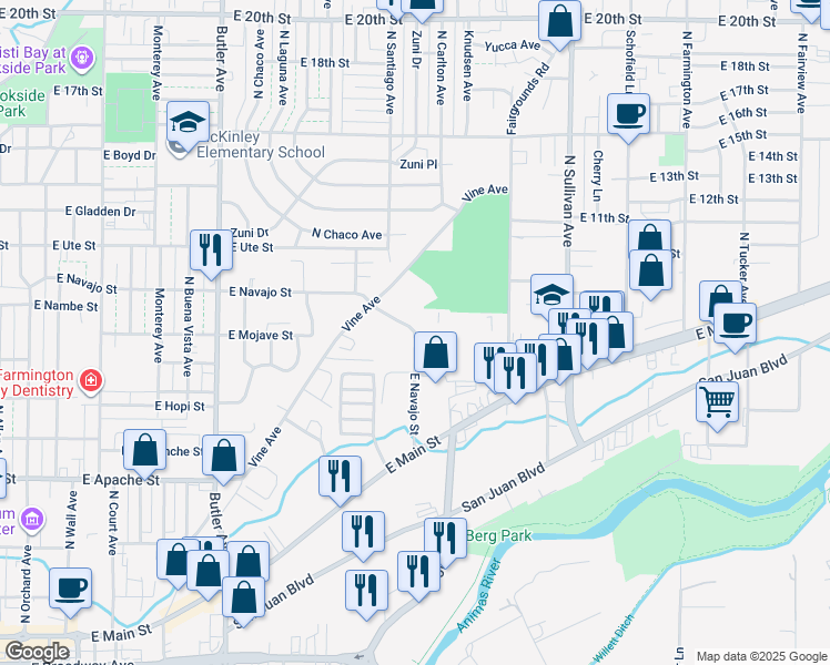 map of restaurants, bars, coffee shops, grocery stores, and more near 1080 East Navajo Street in Farmington