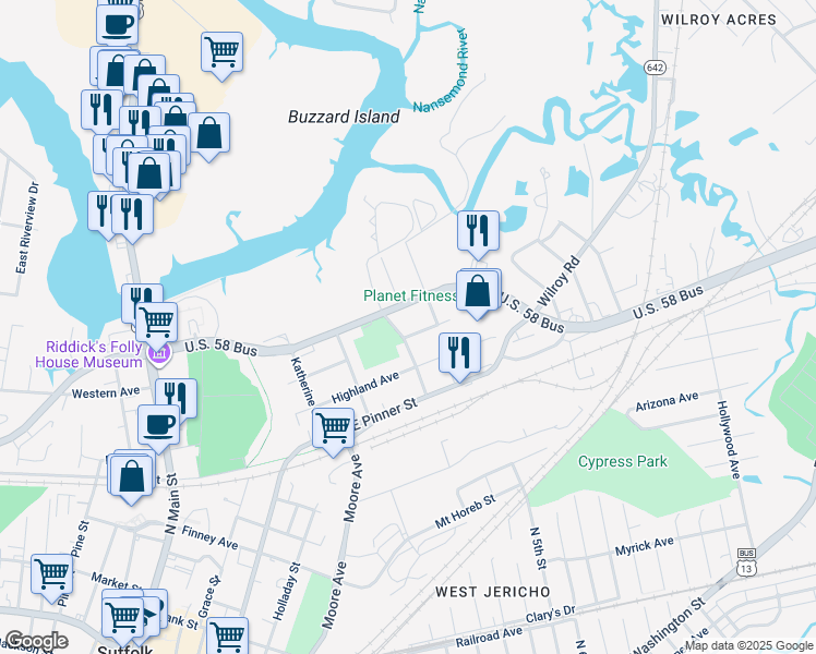 map of restaurants, bars, coffee shops, grocery stores, and more near 406 Nansemond Avenue in Suffolk