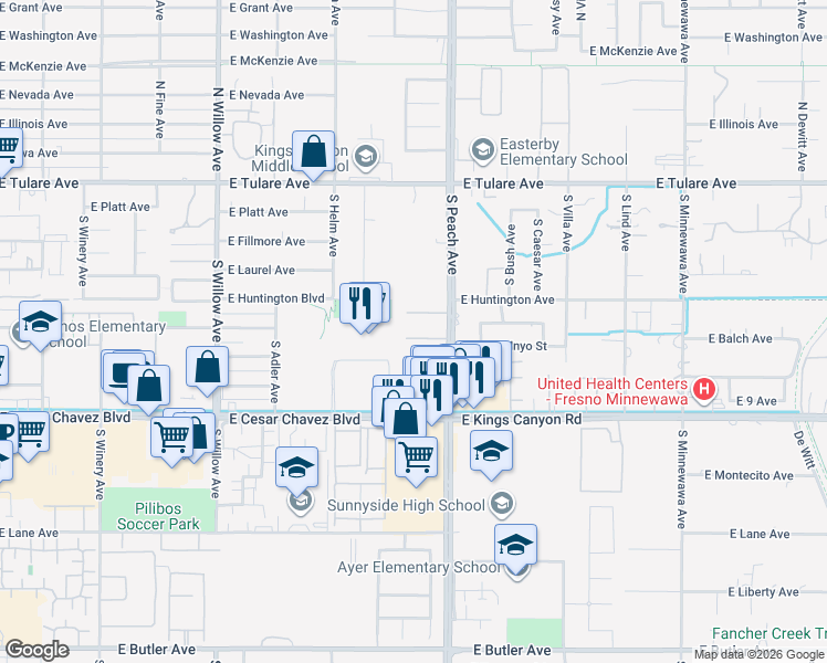 map of restaurants, bars, coffee shops, grocery stores, and more near 5167 East Balch Avenue in Fresno