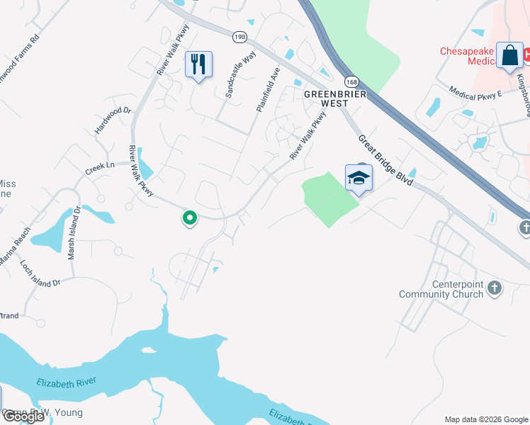 map of restaurants, bars, coffee shops, grocery stores, and more near 857 Creekside Crescent in Chesapeake