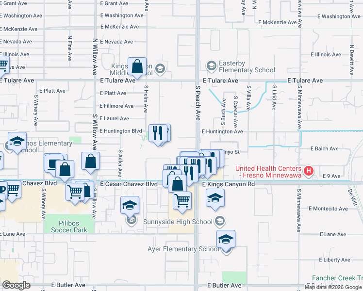 map of restaurants, bars, coffee shops, grocery stores, and more near 5167 East Balch Avenue in Fresno