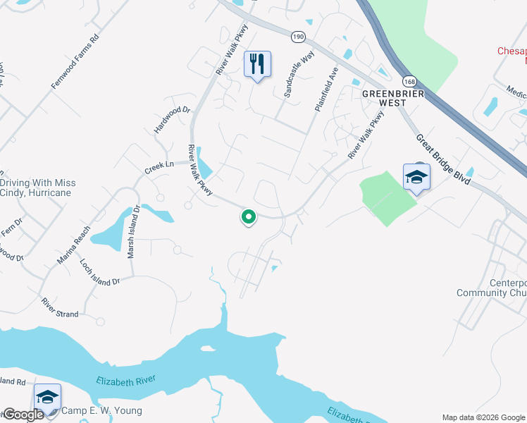 map of restaurants, bars, coffee shops, grocery stores, and more near 340 Esplanade Place in Chesapeake