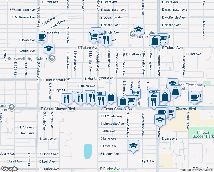 map of restaurants, bars, coffee shops, grocery stores, and more near 430 South Backer Avenue in Fresno