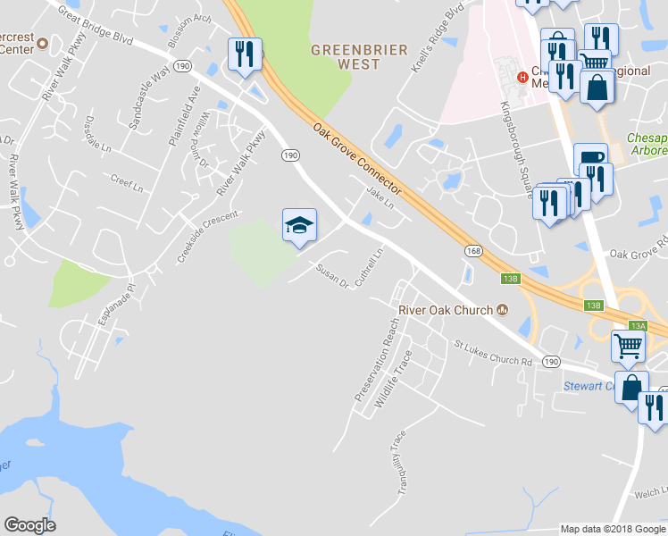 map of restaurants, bars, coffee shops, grocery stores, and more near 413 Susan Drive in Chesapeake
