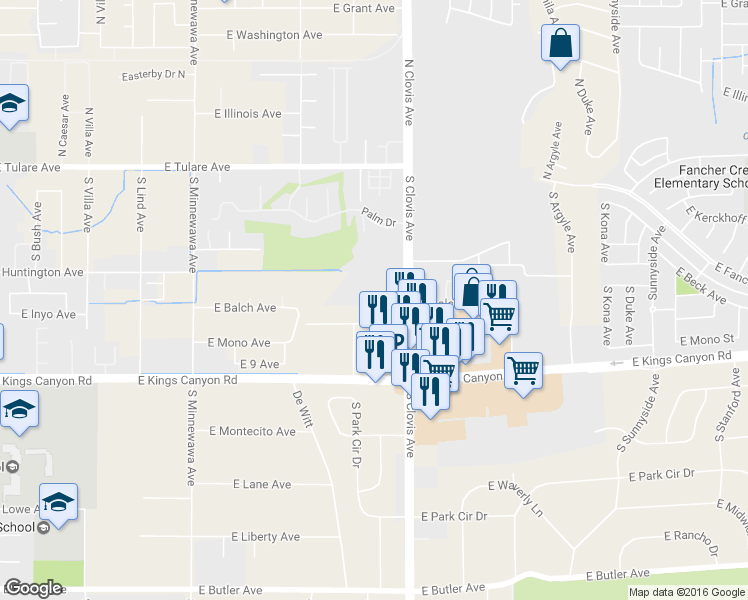 map of restaurants, bars, coffee shops, grocery stores, and more near 478 South Clovis Avenue in Fresno