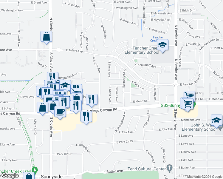 map of restaurants, bars, coffee shops, grocery stores, and more near 471 South Kona Avenue in Fresno