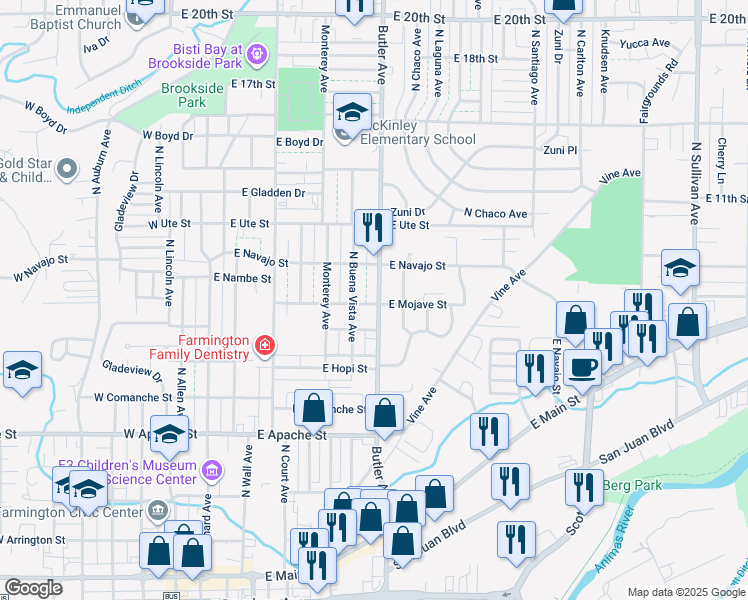 map of restaurants, bars, coffee shops, grocery stores, and more near 901 North Butler Avenue in Farmington