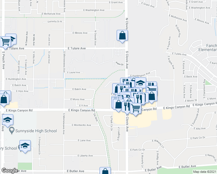 map of restaurants, bars, coffee shops, grocery stores, and more near 490 South Clovis Avenue in Fresno