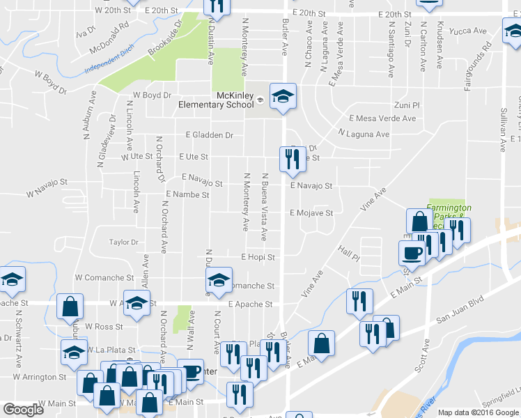 map of restaurants, bars, coffee shops, grocery stores, and more near 808 North Monterey Avenue in Farmington