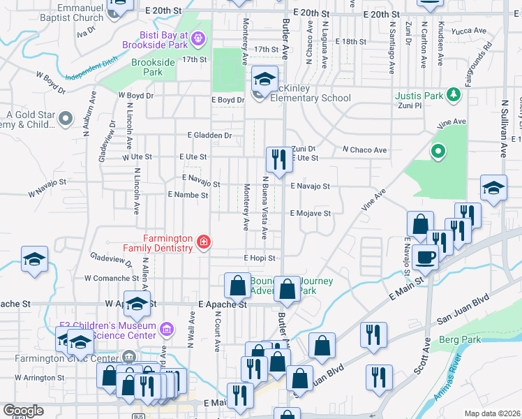 map of restaurants, bars, coffee shops, grocery stores, and more near 808 North Monterey Avenue in Farmington