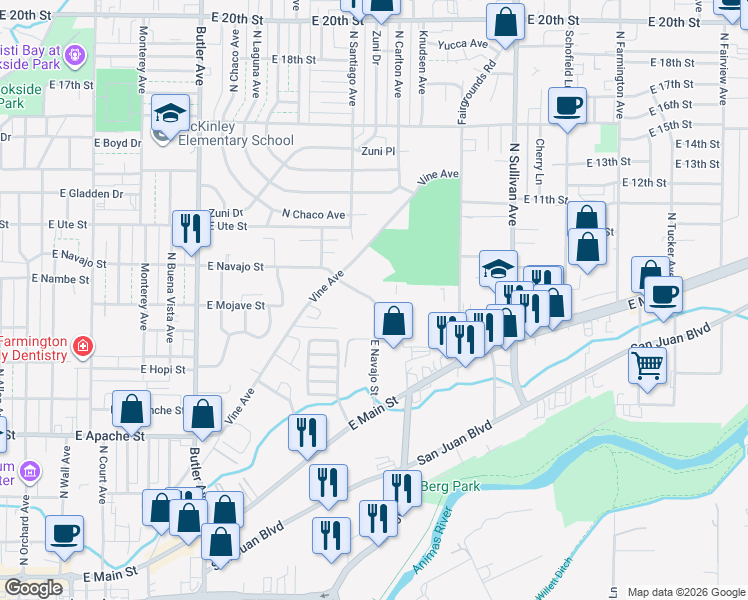 map of restaurants, bars, coffee shops, grocery stores, and more near 1078 East Navajo Street in Farmington