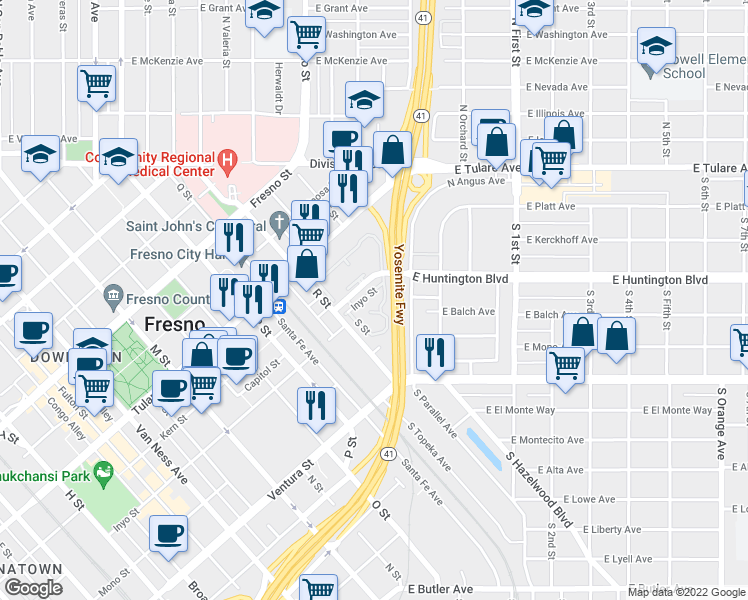 map of restaurants, bars, coffee shops, grocery stores, and more near 2890 East Huntington Boulevard in Fresno
