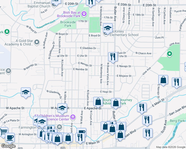 map of restaurants, bars, coffee shops, grocery stores, and more near 901 North Loma Linda Avenue in Farmington