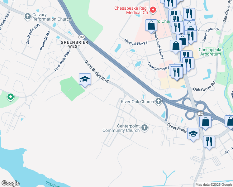 map of restaurants, bars, coffee shops, grocery stores, and more near 376 Great Bridge Boulevard in Chesapeake