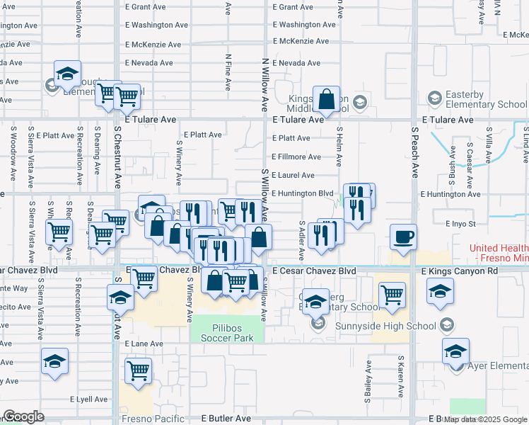 map of restaurants, bars, coffee shops, grocery stores, and more near S Willow Ave & E Balch Ave in Fresno